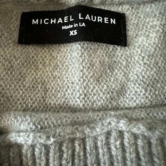 Michael Lauren 100% Cashmere RUPERT LE DRAPED SWEATER Gray Sweater Striped Cuffs